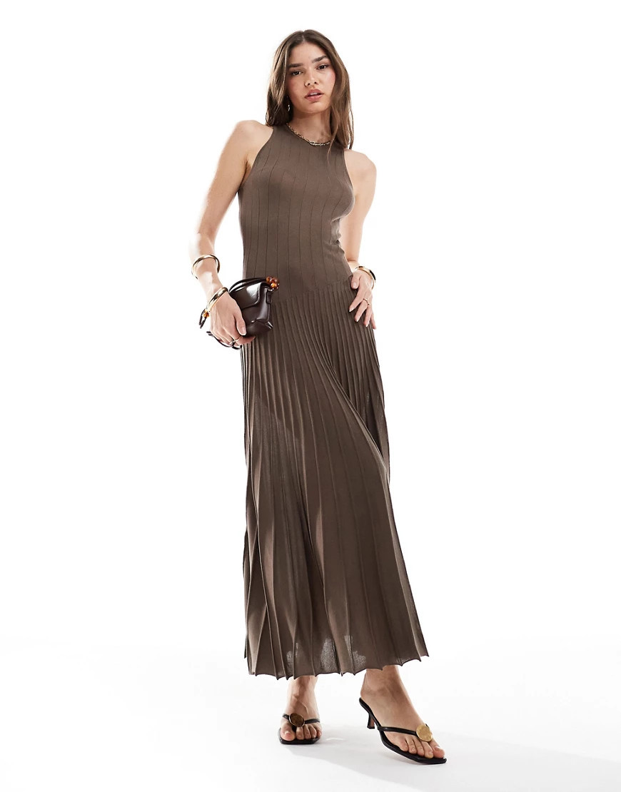 & Other Stories pleated knit maxi dress with asymmetric drop waist and fluted hem in brown-Neutral | ASOS (Global)
