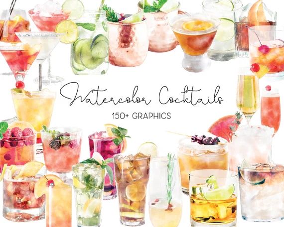 Watercolor Cocktail Graphics | Cocktail Clipart | Signature Cocktails | 150+ Graphics | Beverages | Etsy (US)