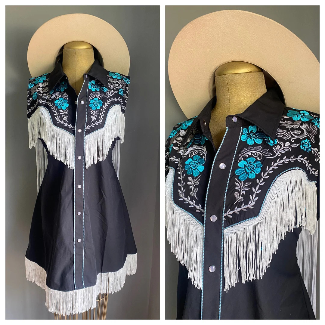 Western Dress, Fringe Western Shirt, Shirt Dress, Embroidered Fringe Western Dress, Cowgirl Dress... | Etsy (US)