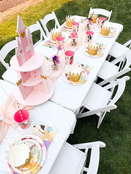 Disney princess table setting for kids table, Disney princess plates and cups, crown bowls for snacks, castle cupcake holder, blush table runner 

#LTKunder100 #LTKkids #LTKparties