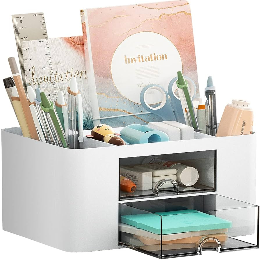 Marbrasse Pen Organizer with 2 Drawer, Multi-Functional Pencil Holder for Desk, Desk Organizers a... | Amazon (US)