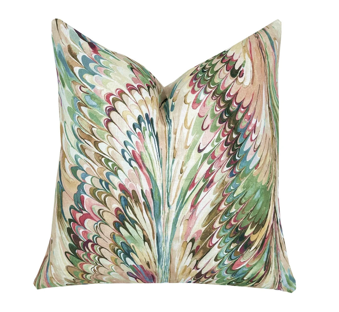 Taplow Juniper Petal Pillow Cover | Lee Jofa | Aqua Coral Ochre Marbelized Pattern | Designer  | ... | Etsy (US)