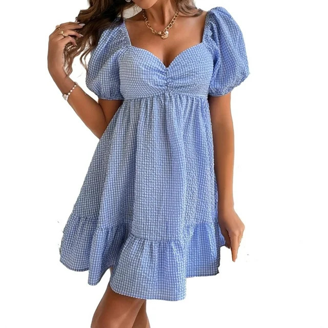 Boho Gingham Print Sweetheart Neck A Line Short Sleeve Blue and White Womens Dresses (Women's) | Walmart (US)