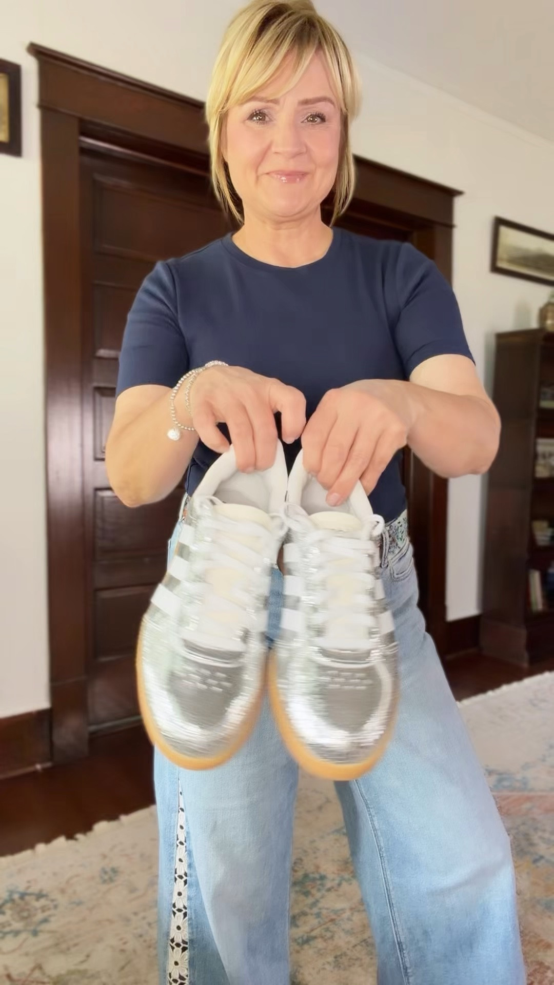 Fun sneakers and belt, lace trimmed jeans.  Definitely not a boring jeans and t-shirt look. 💙
Wearing my true size in everything.

#LTKootd #LTKOver40