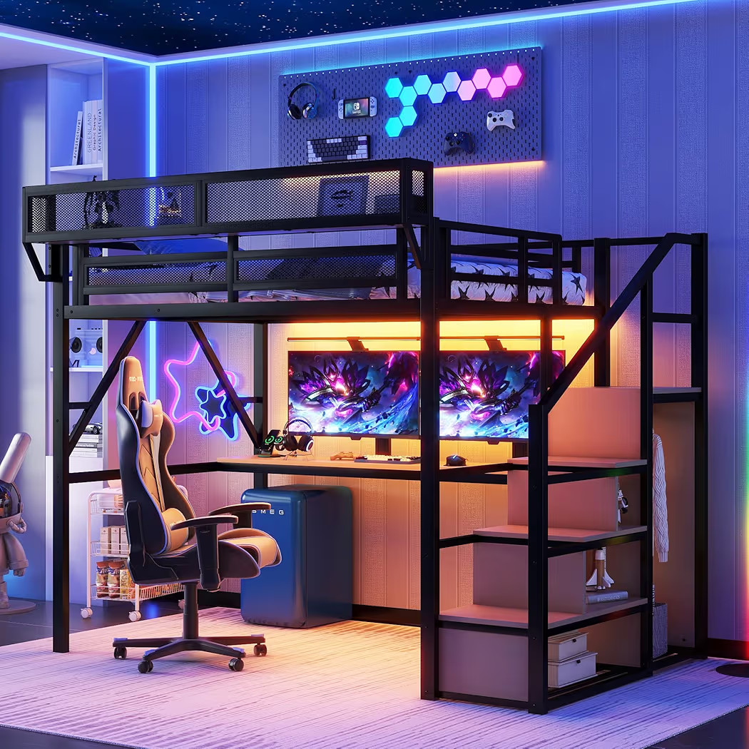 Full Loft Bed with Desk and RGB Light, Metal Loft Bed Frame with Stairs and Bedside Shelf, Heavy-... | Amazon (US)