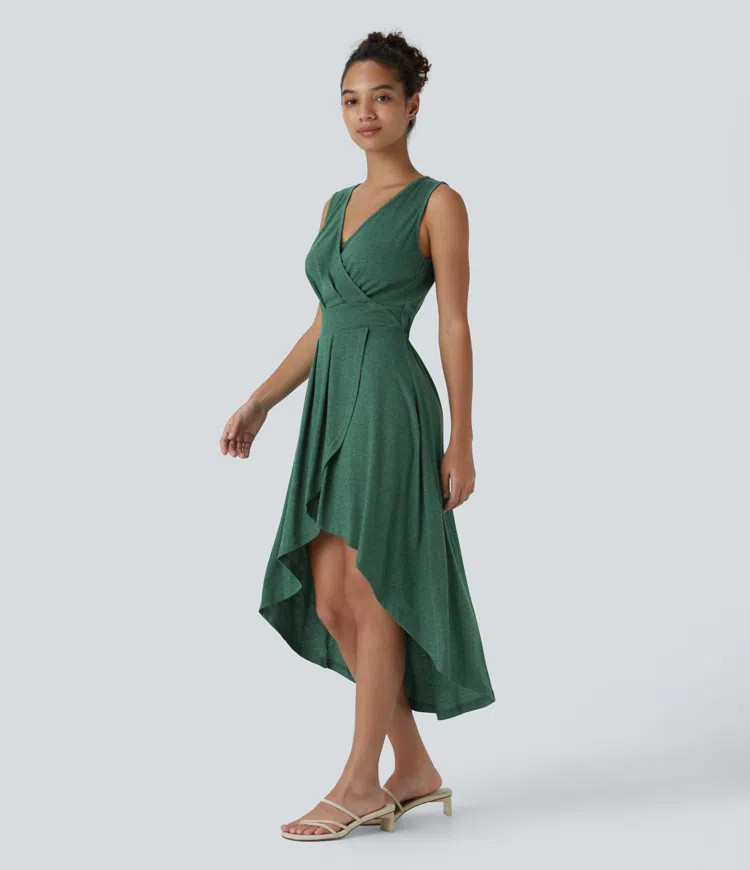 Women’s Deep V Neck Sleeveless High Low Crossover Hem Flowy Midi Casual Dress - Halara | HALARA