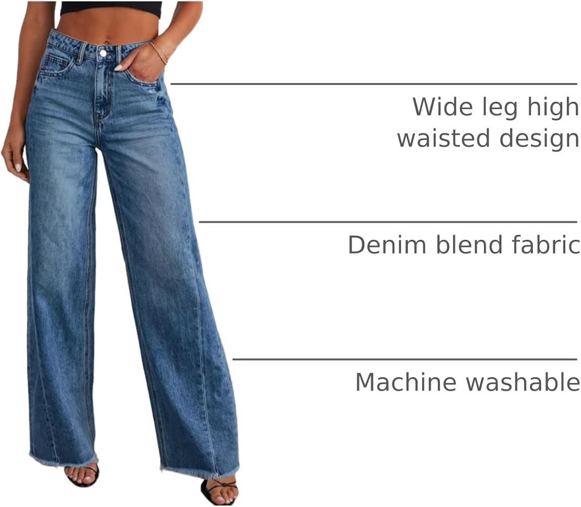 Sidefeel Women's Wide Leg Jeans High Waisted Strechy Raw Hem Zimbaplatinum Denim Pants | Amazon (US)