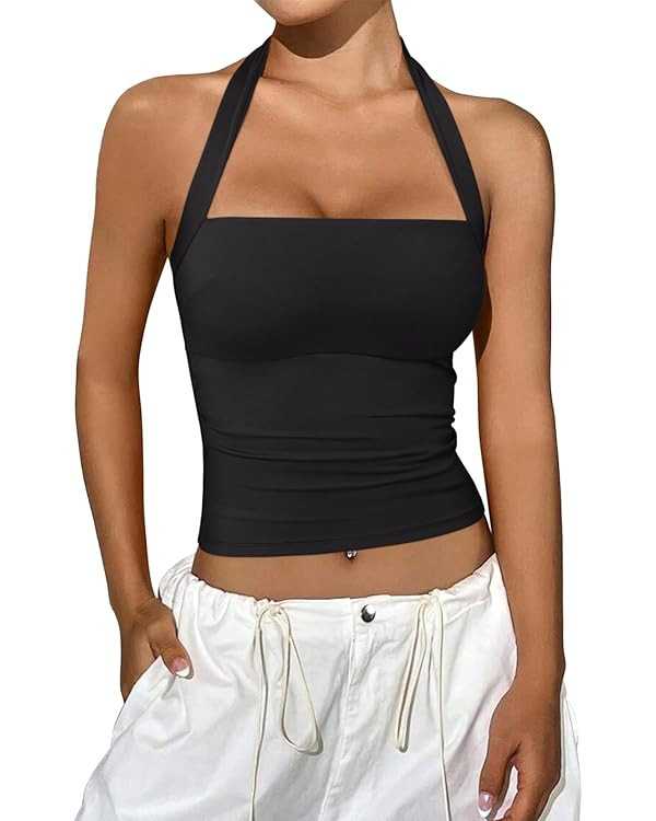 REORIA Women's Halter Going Out Tops 2025 Summer Y2K Shirts Sleeveless Sexy Crop Tank Top Y2k Out... | Amazon (US)