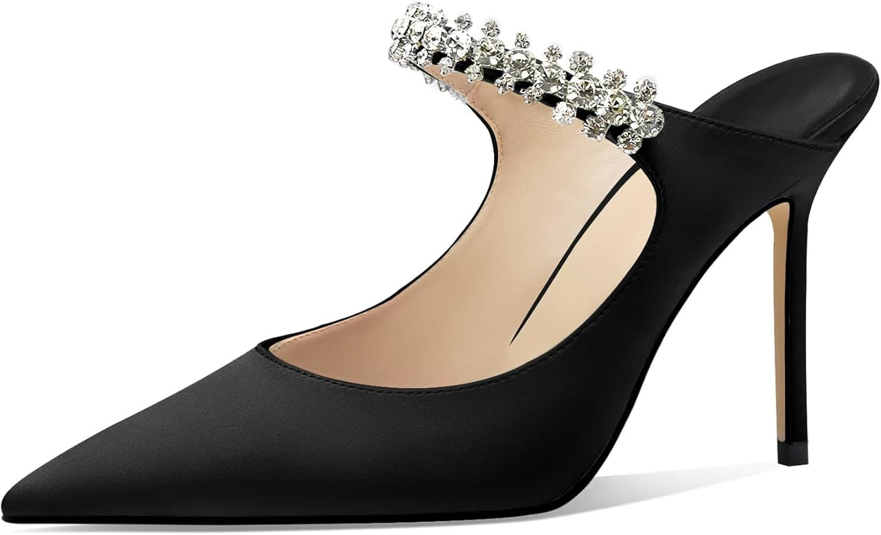 MIRAAZZURRA Women Heeled Mules Rhinestone Strappy Pointed Toe Mules Satin Stiletto High Heels Sli... | Amazon (CA)