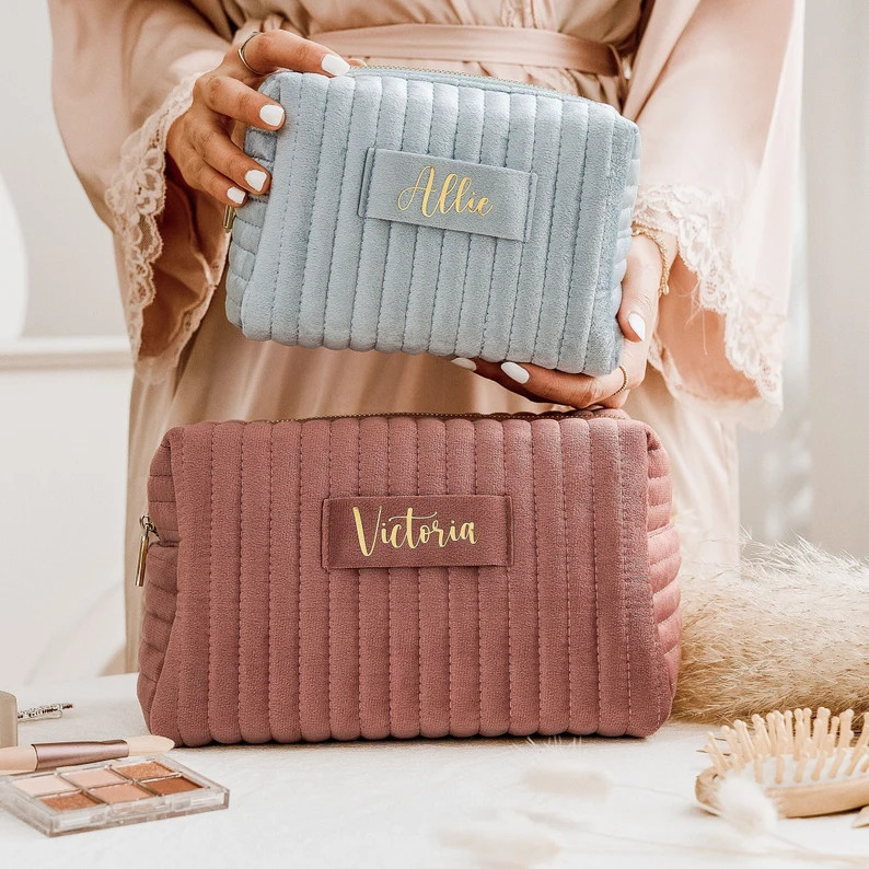 Personalized Makeup Bag, Custom Bridesmaid Gift, Velvet Cosmetic Bag, Travel Toiletry Bag, Weddin... | Etsy (US)