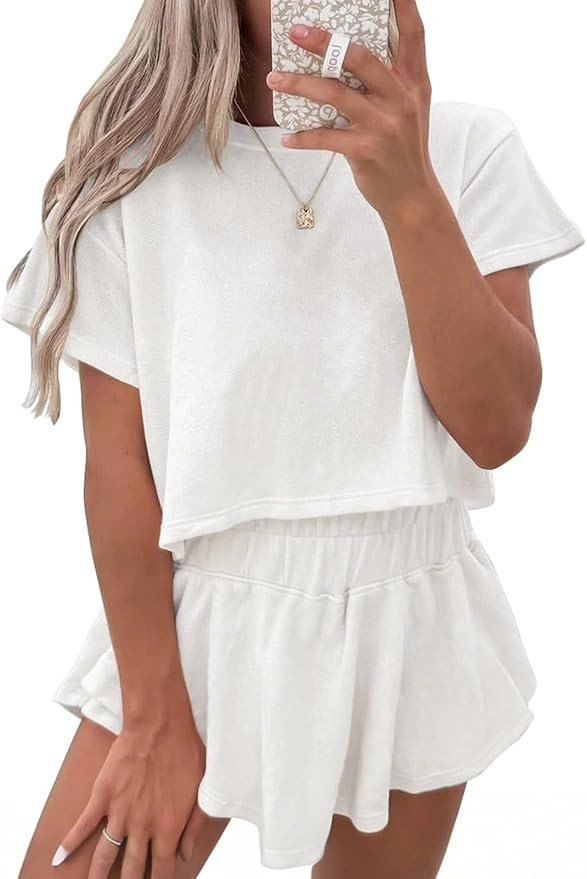miduo Womens Casual Summer 2 Piece Sets Mini Skirt Sets Matching Set Outfit | Cropped Top and Sho... | Amazon (US)