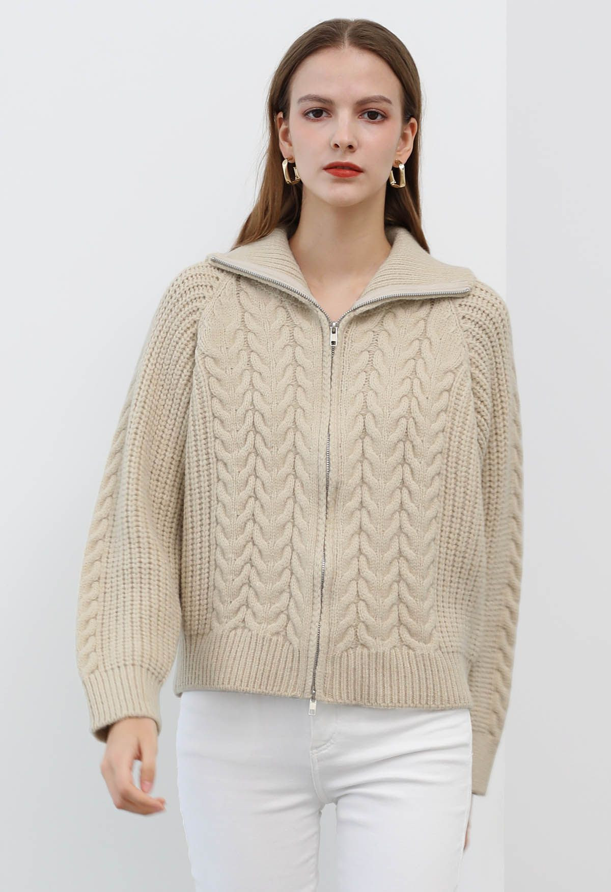 Cable Knit Zip Front Sweater | Chicwish