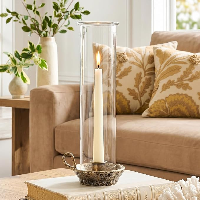 Vintage Taper Candle Holder with Glass Hurricane Shade, Antique Copper | Amazon (US)