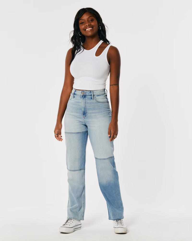 Curvy Ultra High-Rise Light Wash Patch Dad Jeans | Hollister (UK)