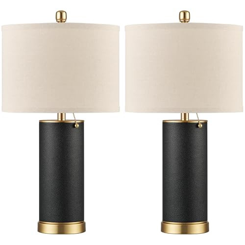 KDG 23.4" Black PU Leather Table Lamps for Living Room Set of 2, 3 Level Brightness LED Modern Home Decor Fabric Lampshade Desk Lamp Lighitng for Bedroom, Bedside, Farmhouse, Nightstand, Night Light | Amazon (US)