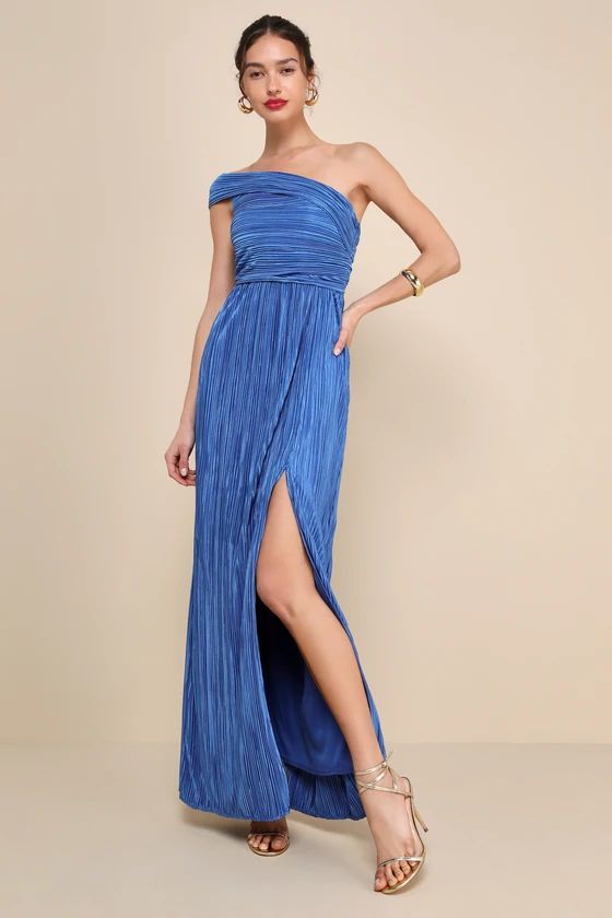 Poised Performance Blue Plisse One-Shoulder Maxi Dress | Lulus