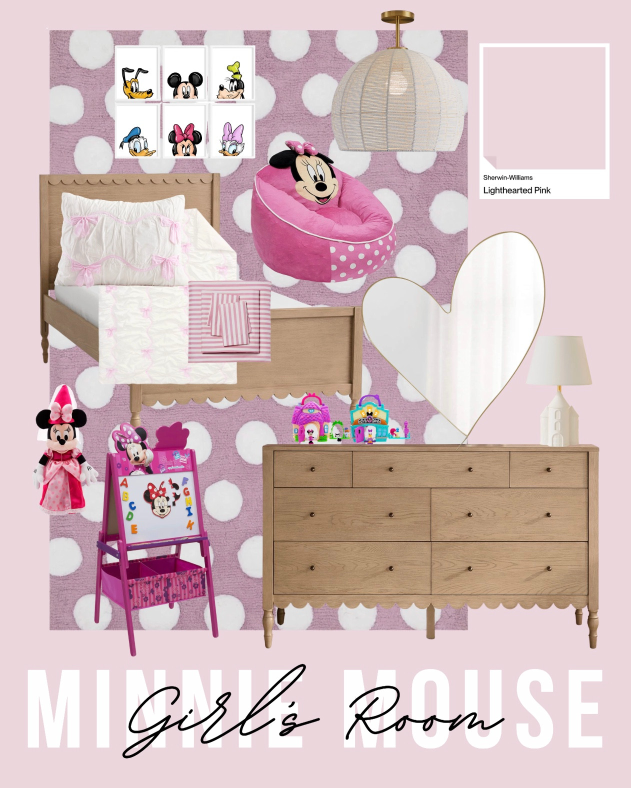 A Disney Minnie Mouse bedroom for your sweet girl. This mood board is bursting with different hues of pink, polka dots, stripes, and pieces you can easily swap out when she grows out of her Minnie Mouse phase. 

 #LTKHome #LTKSaleAlert #LTKKids