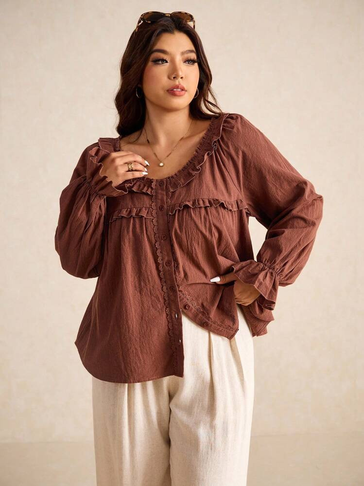 Elaquor Plus Size Women's Solid Color Ruffle Trim Single-Breasted Long Sleeve Fashion Shirt,Fall Clothes For Women | SHEIN