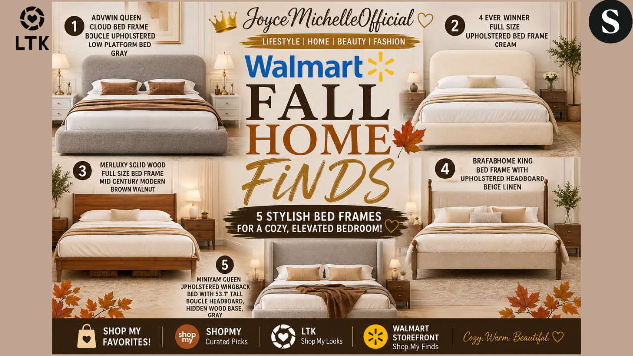 5 Walmart Bed Frames That Look EXPENSIVE 🍂 | Cozy Fall Bedroom Finds 2026


I found 5 gorgeous Walmart bed frames that can completely change the look of your bedroom for fall! 🍂🤎 From cozy boucle and soft upholstered headboards to warm walnut wood and elevated modern designs, these Walmart Home finds give you that designer look without the designer price tag.
Today’s finds include:
1. Advwin Queen Cloud Bed Frame — Gray boucle upholstered low-profile platform bed
2. 4 Ever Winner Full Size Upholstered Bed Frame — Soft plush cream headboard
3. Merluxy Solid Wood Full Size Bed Frame — Mid-century modern brown walnut
4. Brafabhome King Bed Frame — Beige linen upholstery with solid wood posts
5. Miniyam Queen Upholstered Wingback Bed — 53.1" tall boucle headboard
These are perfect if you're refreshing your primary bedroom, guest room, apartment, or cozy fall bedroom without spending a fortune.
✨ JoyceMichelleOfficial | Over 50 & Chic Lifestyle • Home • Beauty • Fashion
Some links may be affiliate links, which means I may earn a commission from qualifying purchases at no additional cost to you.


🛍️Walmart Storefront:



🛍️ShopMy:
https://shopmy.us/shop/collections/7396631


🛍️LTK: 



#WalmartHome #WalmartFinds #WalmartHomeFinds #WalmartFurniture #WalmartBedroom #BedroomDecor #BedroomIdeas #FallHomeDecor #FallHomeFinds #CozyBedroom #BoucleBed #PlatformBed #AffordableHomeDecor #HomeDecorFinds #DesignerLookForLess #Over50AndChic #JoyceMichelleOfficial


Walmart fall home finds, Walmart home finds 2026, Walmart bed frames, Walmart bedroom furniture, Walmart bedroom finds, affordable bed frames, boucle bed frame, upholstered bed frame, queen bed frame, king bed frame, platform bed, cloud bed frame, walnut bed frame, bedroom makeover, fall bedroom decor, cozy bedroom ideas, affordable home decor, designer look for less, Walmart furniture finds, Walmart home decor, JoyceMichelleOfficial, Over 50 and Chic 

 #LTKxWalmart #LTKOver40 #LTKHome