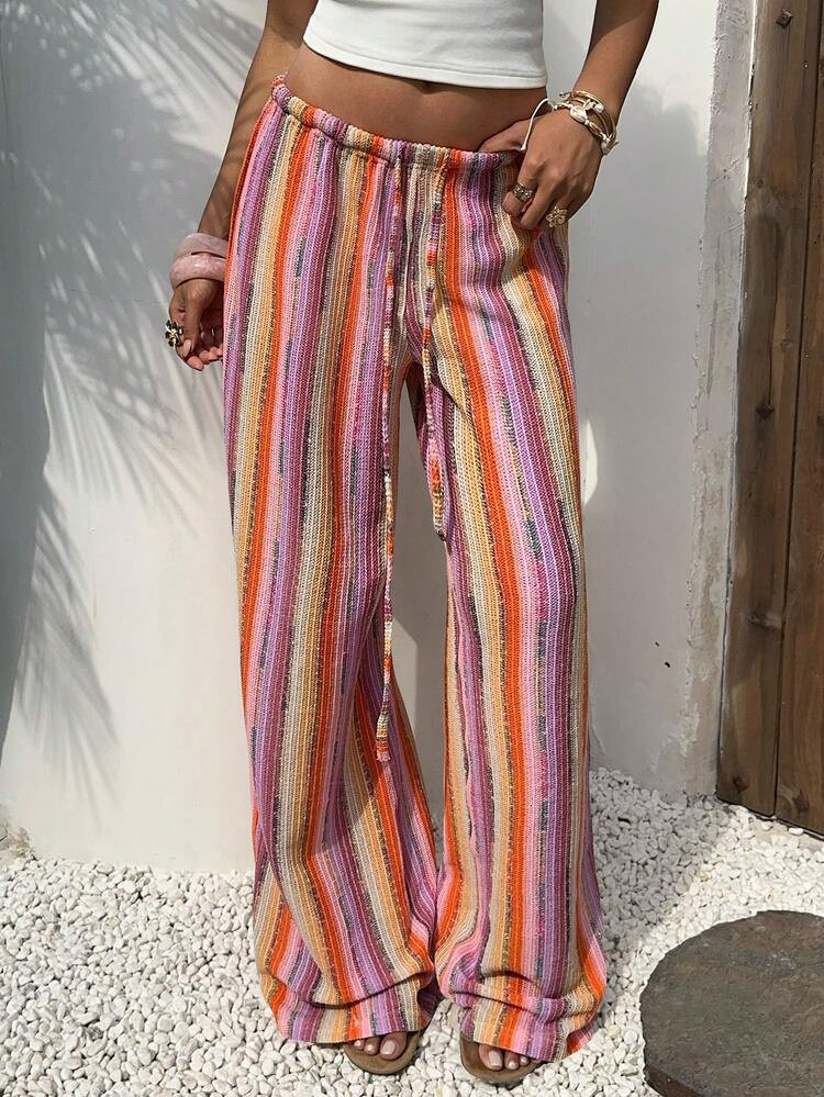 Aloruh Women's Low Waist Casual Colorful Pink Stripe Crochet Straight Leg Trousers,Boho Summer Be... | SHEIN
