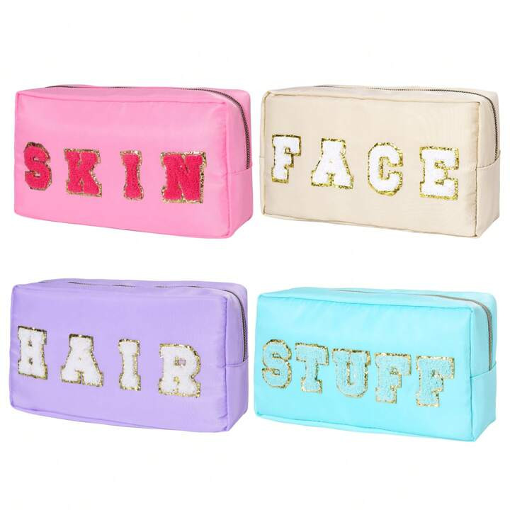 4pcs/Set Nylon Chenille Letter Patch Decorated Cosmetic Pouch Zipper Preppy Makeup Bag Waterproof... | SHEIN