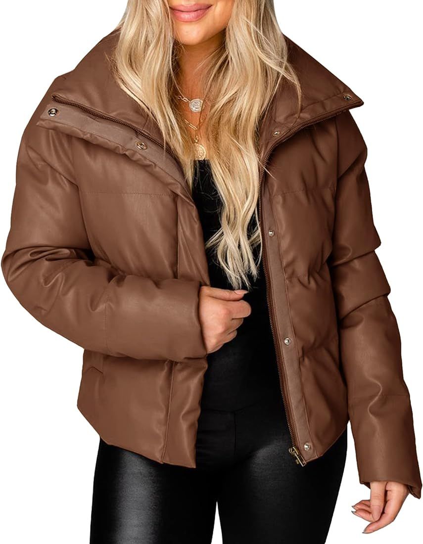 Women's Faux Leather Puffer Jacket Zip Up Long Sleeve Baggy Winter Short Coat | Amazon (US)
