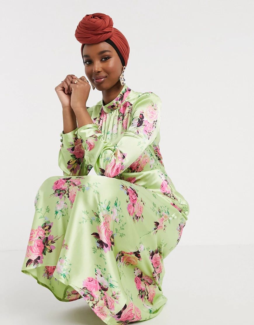 ASOS DESIGN high neck maxi satin tea dress in bright floral print-Multi | ASOS (Global)