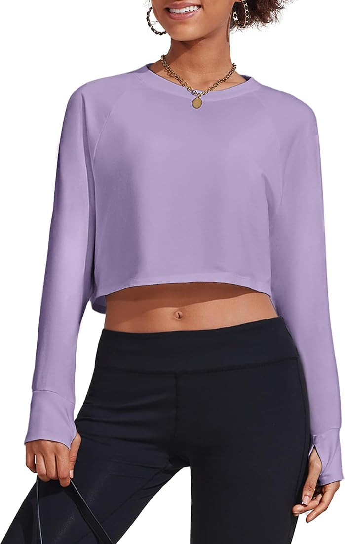 Pinspark Womens Long Sleeve Cropped Tops Crewneck Crop Sweatshirts Loose Fit Pullover T-Shirts wi... | Amazon (US)