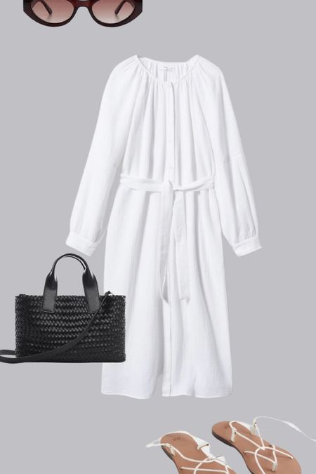 Monochrome summer with a black woven leather bag, white summer dress, strappy sandals and oval sunglasses.