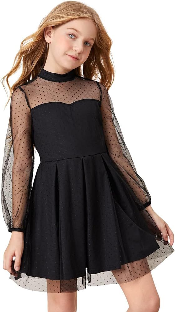 Floerns Girls Polka Dots Sheer Mesh Long Sleeve Pleated A Line Short Dress | Amazon (US)