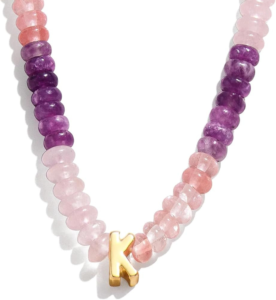 Initial Necklace for Women,Colorful Beaded Gemstone Choker Natural Stone Letter Charm Necklace fo... | Amazon (US)