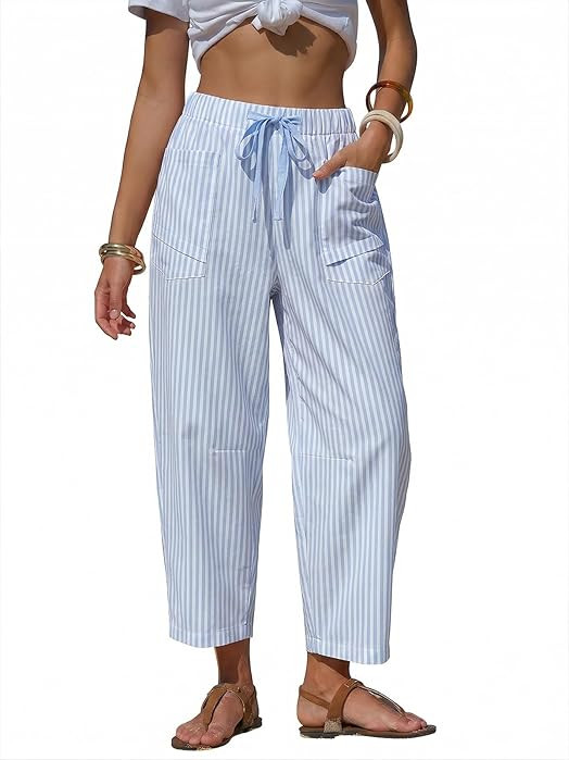 EXLURA Womens Summer Faux Linen Striped Barrel Pants Comfy Drawstring Capri Pant with Pockets Bea... | Amazon (US)