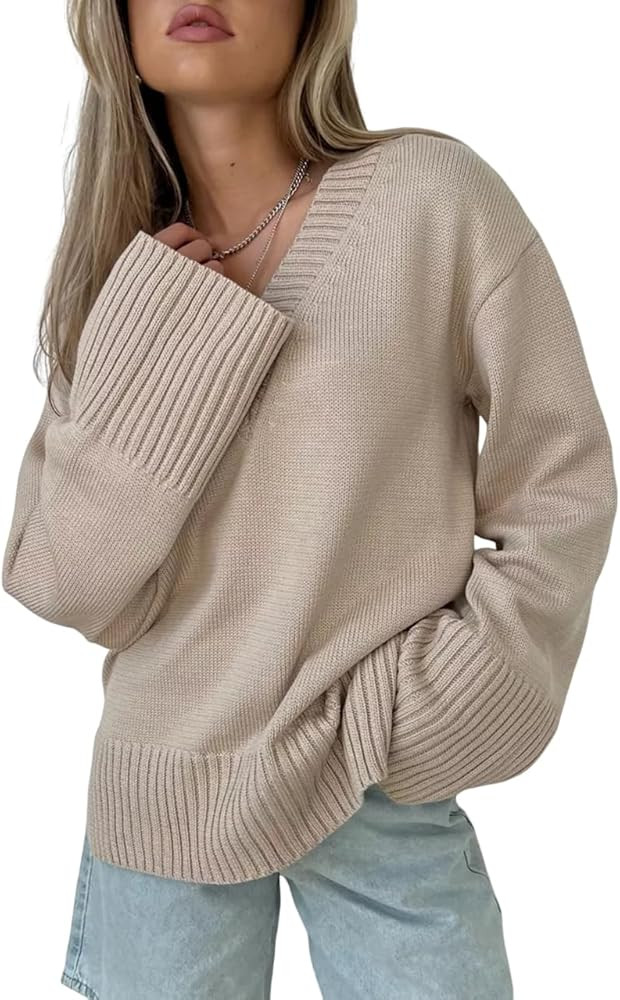 Tanming Women's Sweater Long Sleeve V Neck Casual Jumper Tops Knitted Comfy Loose Pullover Sweate... | Amazon (US)