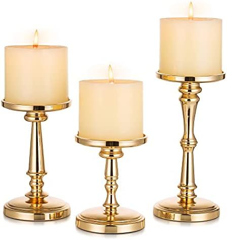 Gold Candle Holders for Pillar Candles - Inweder Matte Tall Candle Holder Set of 3, Large Metal C... | Amazon (US)