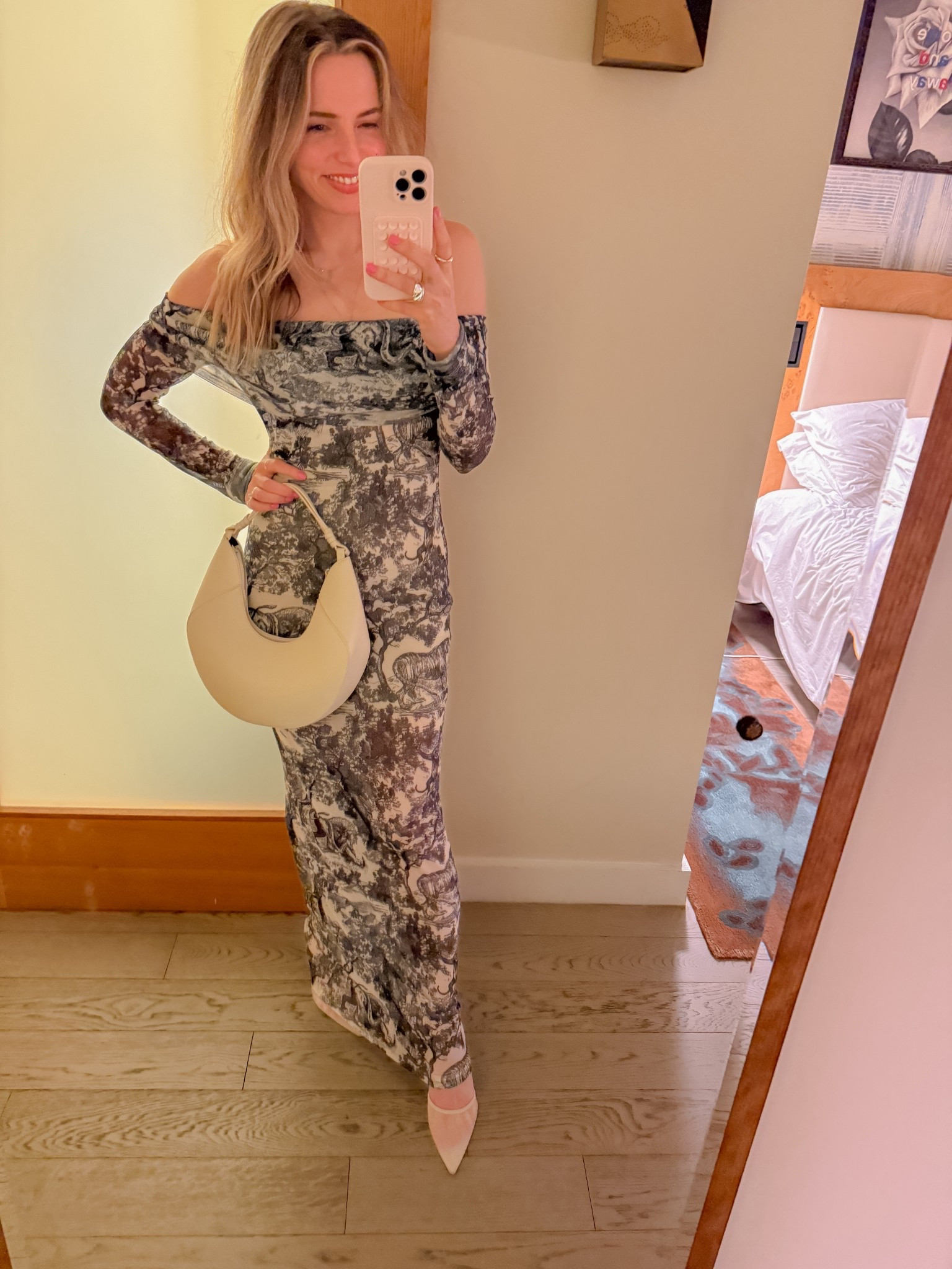 wore this sheer off-the-shoulder maxi dress for a dinner date in the west village in nyc and felt so good in it ✨ the blue patterned print feels unique and luxe, but the dress is actually such an inexpensive piece (love when that happens!). I paired it with neutral heels + a chic bag to keep the focus on the dress.
I’m wearing a size small. the fabric is sheer so I’m wearing a slip underneath. definitely one of those looks that feels way more elevated than the price tag.
#datenightstyle #falloutfitideas #fallfashion #nycoutfit #sheerdress


#LTKTravel #LTKSeasonal #LTKStyleTip