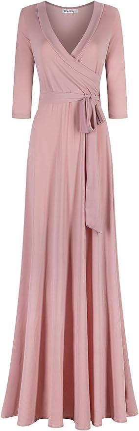 Bon Rosy Women's #MadeInUSA 3/4 Sleeve V-Neck Solid Maxi Wrap Dress Plus | Amazon (US)