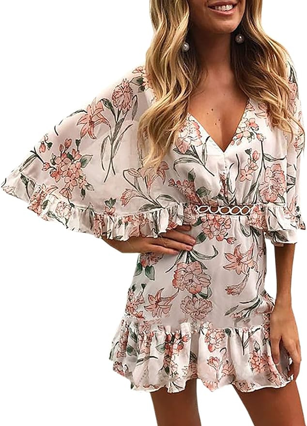 ECOWISH Women's Dresses Floral Print V Neck Batwing Ruffle Hem Short Sleeve Hollow Out Boho Mini ... | Amazon (US)