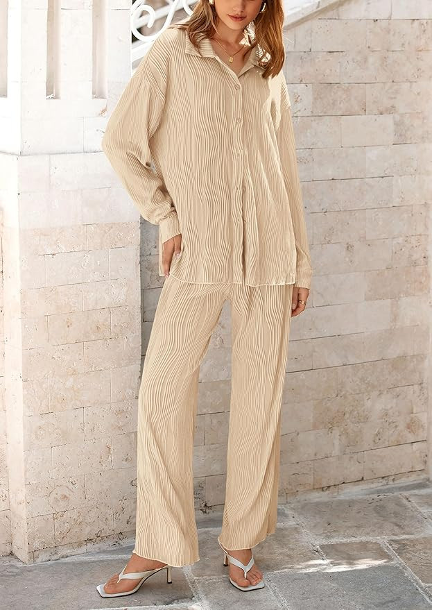 PRETTYGARDEN Women's Fall 2 Piece Textured Sets Casual Button Down Shirt Wide Leg Pants Outfit Lo... | Amazon (US)