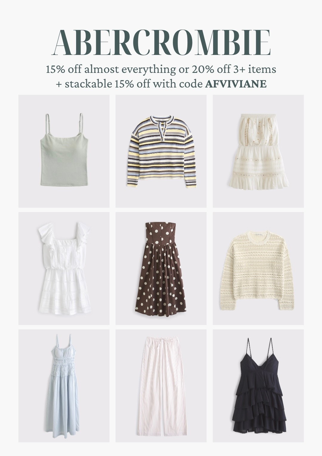 [4/23/26] @abercrombie sale! pieces i love that are 100% cotton. ⭐️

[Offer valid in stores and online 4/23/26-4/27/2026 in US/CA. Exclusions apply as indicated. Online price reflects discount.
﻿﻿Promo Code: *Use code AFVIVIANE to get an additional 15% off almost everything in stores and online at checkout from 4/23/26-4/27/26 in US/CA. Exclusions apply. See details online.]

#LTKSaleAlert #LTKootd #LTKgrwm