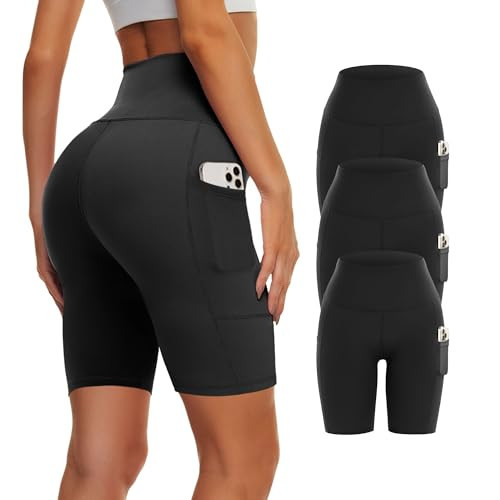Showitty 3 Pack Biker Yoga Shorts with Pockets for Women, High Waist Tummy Control Workout Running Gym | Amazon (US)