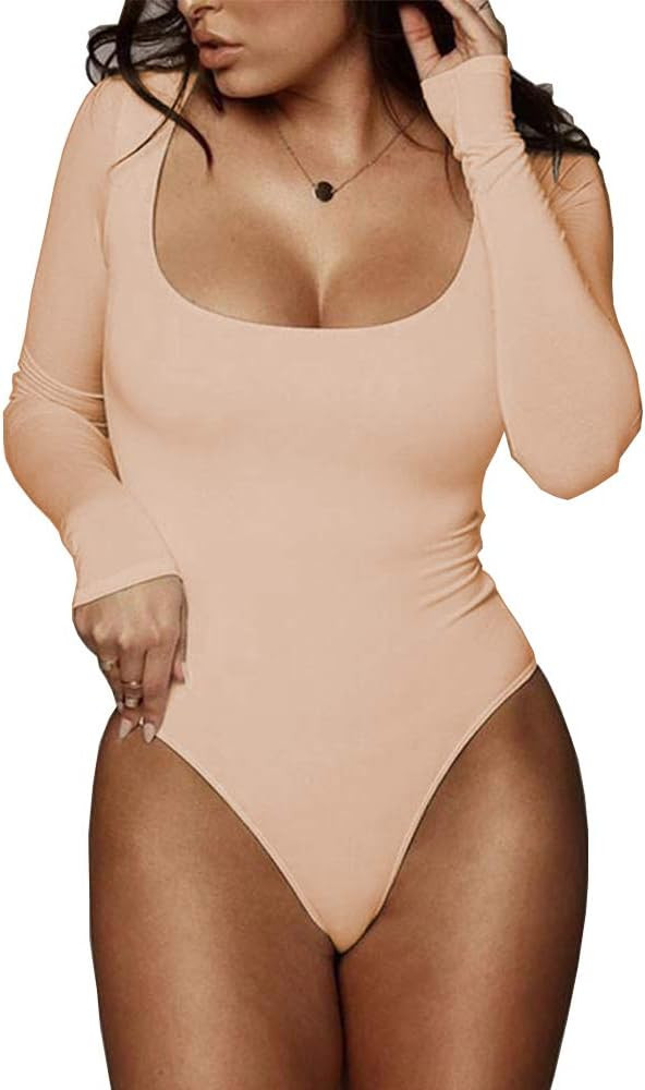 Women's Square Neck Long Sleeve T-shirt Basic Bodysuit Jumpsuits | Amazon (US)