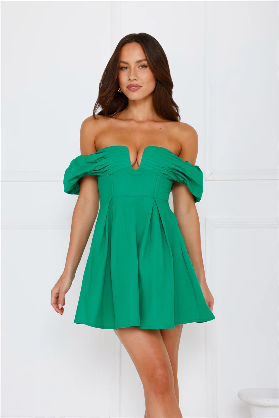 Darling Daze Off Shoulder Mini Dress Green | Hello Molly (AU)