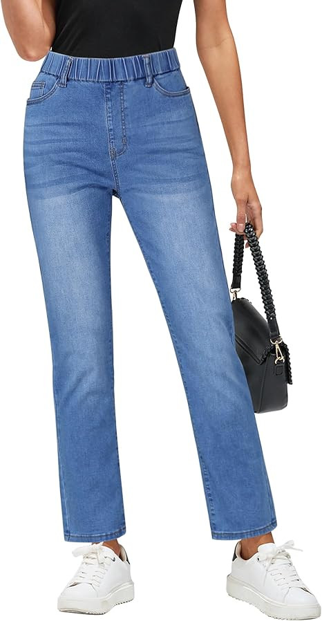 GRAPENT Straight Leg Jeans for Women Trendy Pull On High Waisted Cropped Elastic Waist Stretchy D... | Amazon (US)