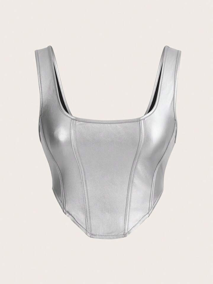 SHEIN ICON Solid Asymmetrical Hem PU Leather Tank Silver Top | SHEIN