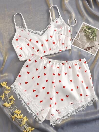 Heart Print Eyelash Lace Panel Satin Cami Top & Shorts PJ Set | SHEIN