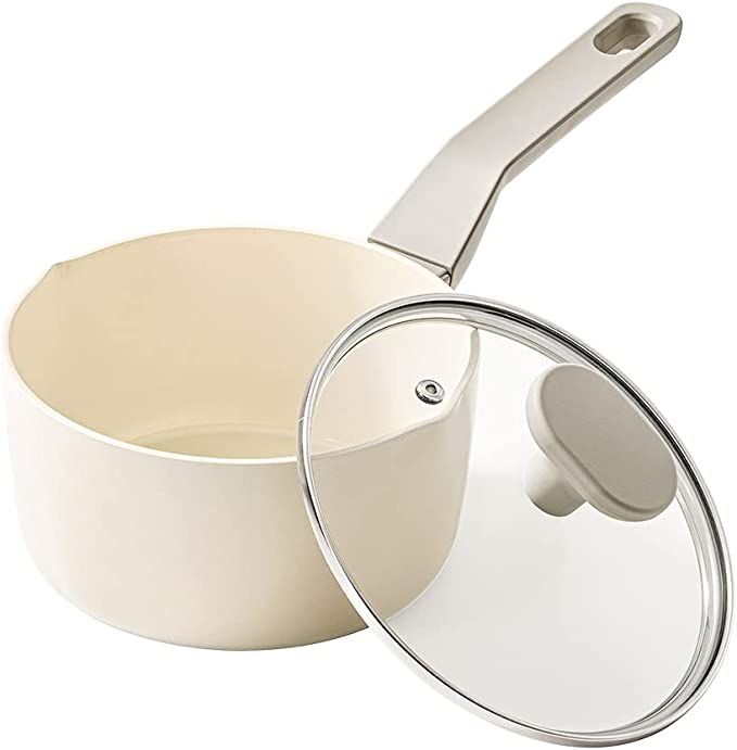 Taste plus Ceramic White Saucepan with Lid, Nonstick Small Pot for Cooking, 1.5 Quart Ceramic Coa... | Amazon (US)