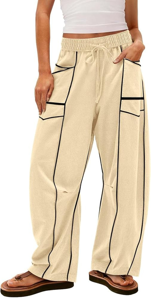 Womens Barrel Pants Baggy Wide Leg Pants 2026 Casual Palazzo Pant Drawstring Waist Lounge Pant wi... | Amazon (US)
