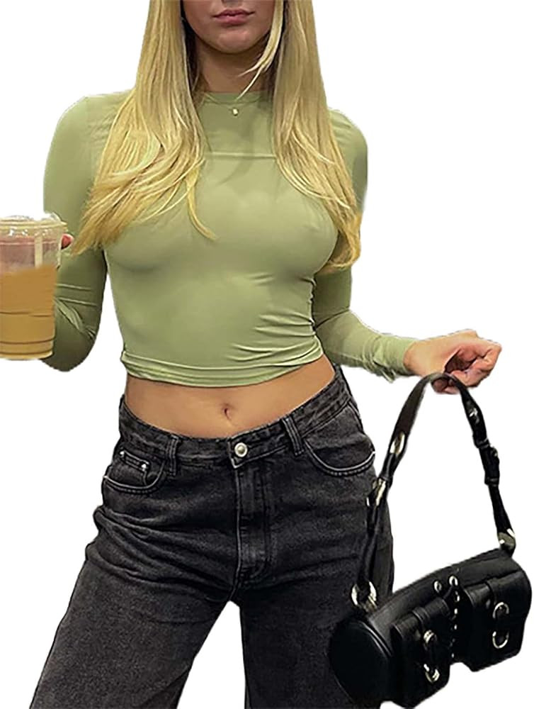 Womens Basics Long Sleeve Crop Tops Slimming Y2k Tees Crewneck Solid Casual Going Out Fitted T Sh... | Amazon (US)