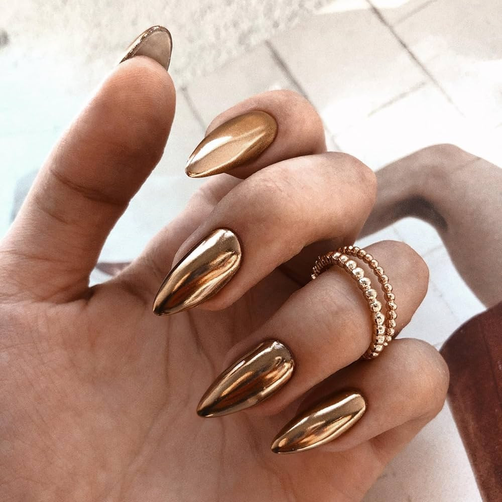 Bronze Chrome Press on Nails Medium Almond, KQueenest Metallic Brown Acrylic Fake Nails Medium Stiletto, Glitter Glue on Nails for Women Fall Winter Wear, Glossy False Nails Press ons in 24 Pcs | Amazon (US)