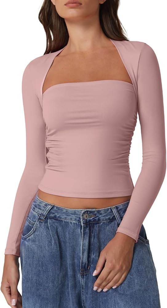 QINSEN Long Sleeve Square Neck Tops for Women Double Lined Side Ruching Going Out Shirts Basic Te... | Amazon (US)